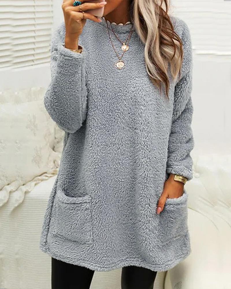 

Long Sleeve Pocket Design Fluffy Top, Gray