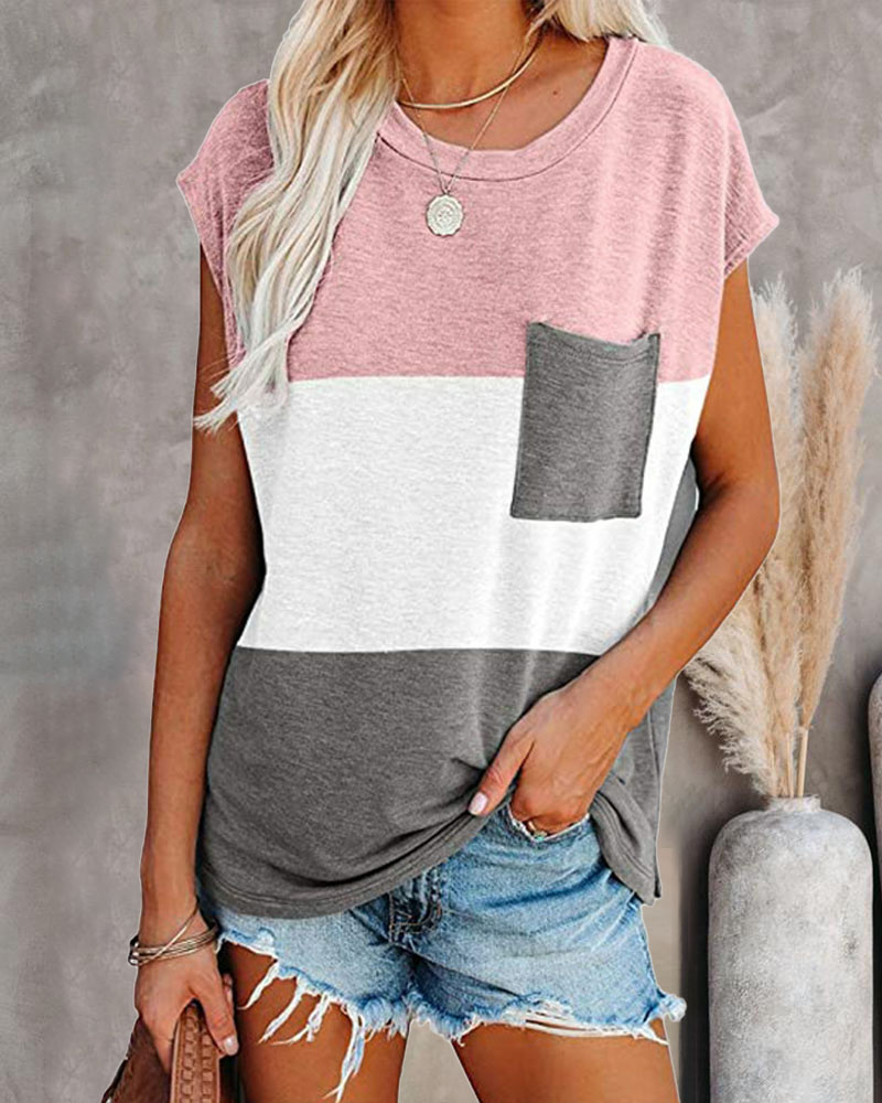 

Colorblock Pocket Detail Casual T-shirt, Pink