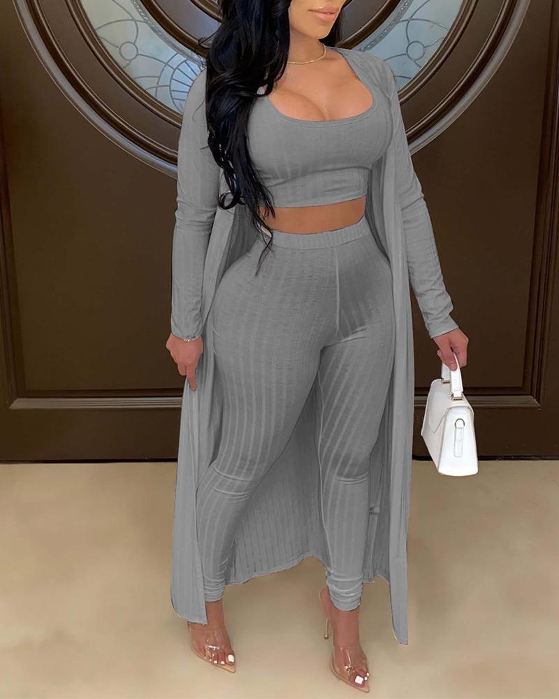 

Crop Tank Top & Pants With Longline Coat Set, Gray