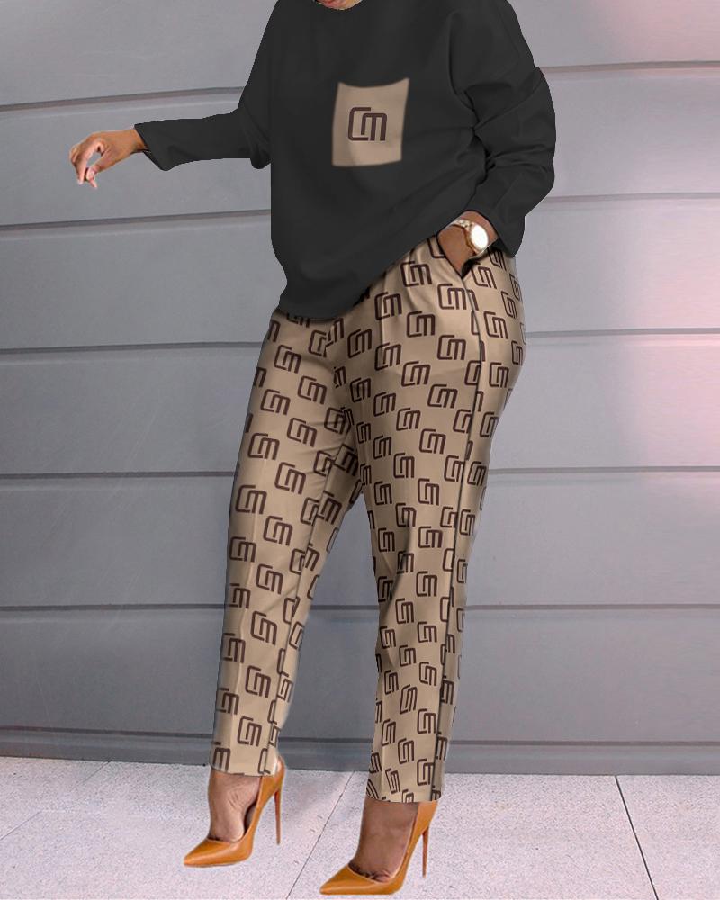 

ChicMe Letter Print Long Sleeve Top & Pants Set, Black