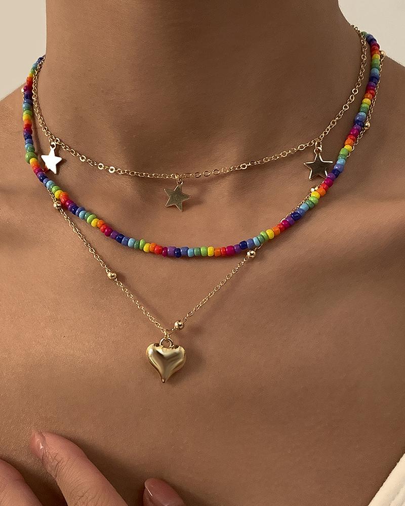 

3PCS Bohemian Colorful Beaded Heart Star Pendant Necklaces Set, Gold
