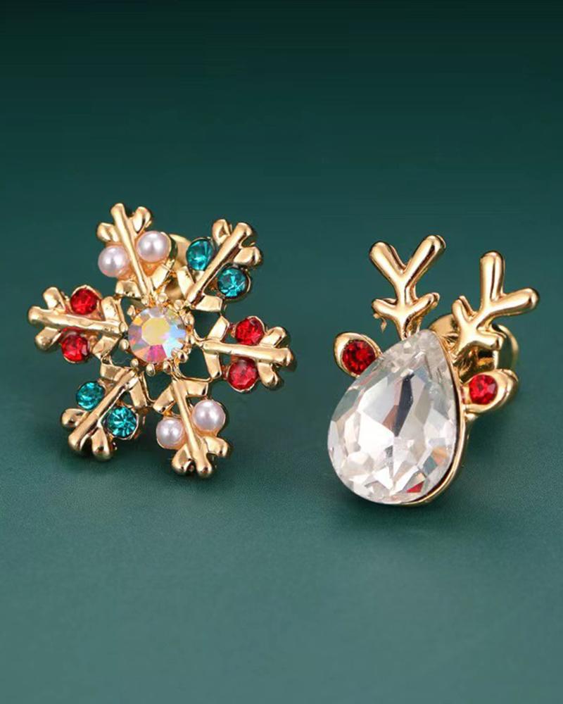 

1Pair Christmas Snowflake Reindeer Shaped Asymmetrical Stud Earrings, Gold