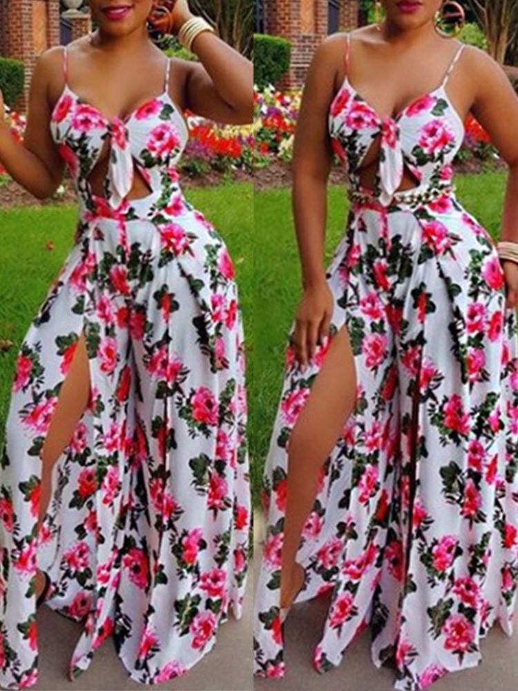 High Slit Spaghetti Strap Knotted Floral Jumpsuit