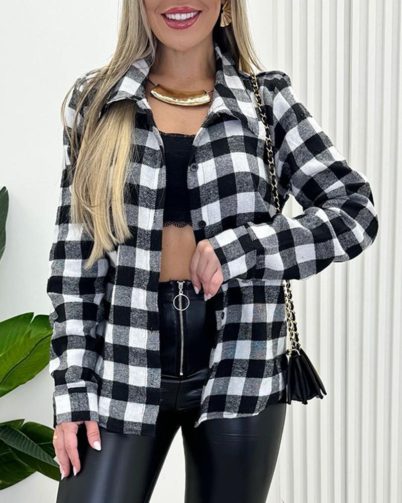 

Plaid Print Buttoned Casual Long Sleeve Top, Blackwhite