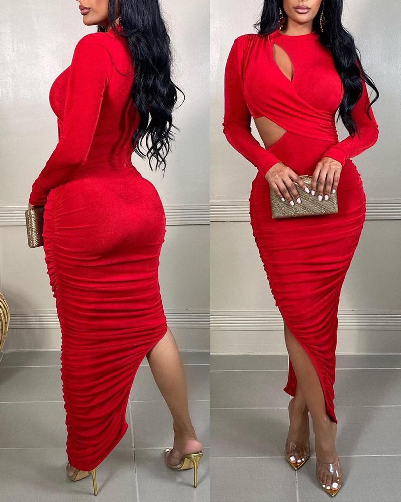

Cutout Split Hem Ruched Bodycon Dress, Red