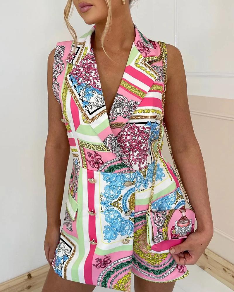 

Scarf Baroque Print Sleeveless Romper, Multicolor