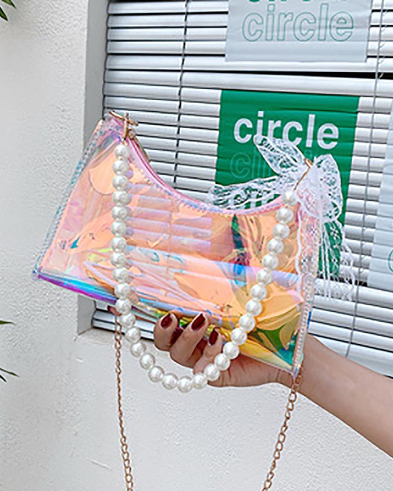 

Clear Beaded Strap Bow Decor Satchel Bag, Style1