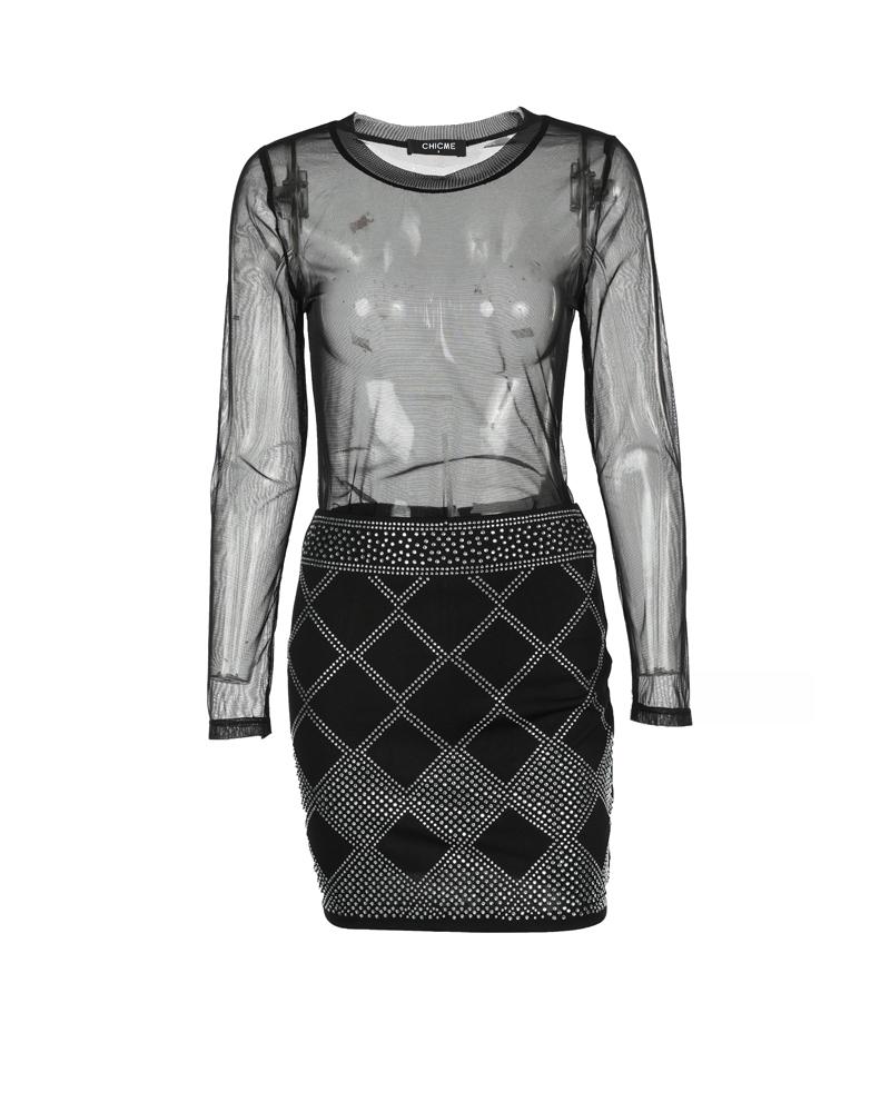 

Long Sleeve Sheer Mesh Top & Rhinestone Mini Skirt Set, Black