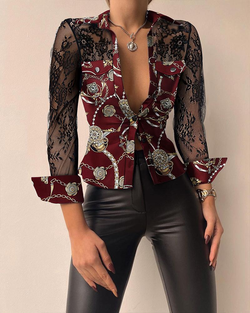 

Chain Baroque Print Contrast Lace Button Down Shirt, Wine red