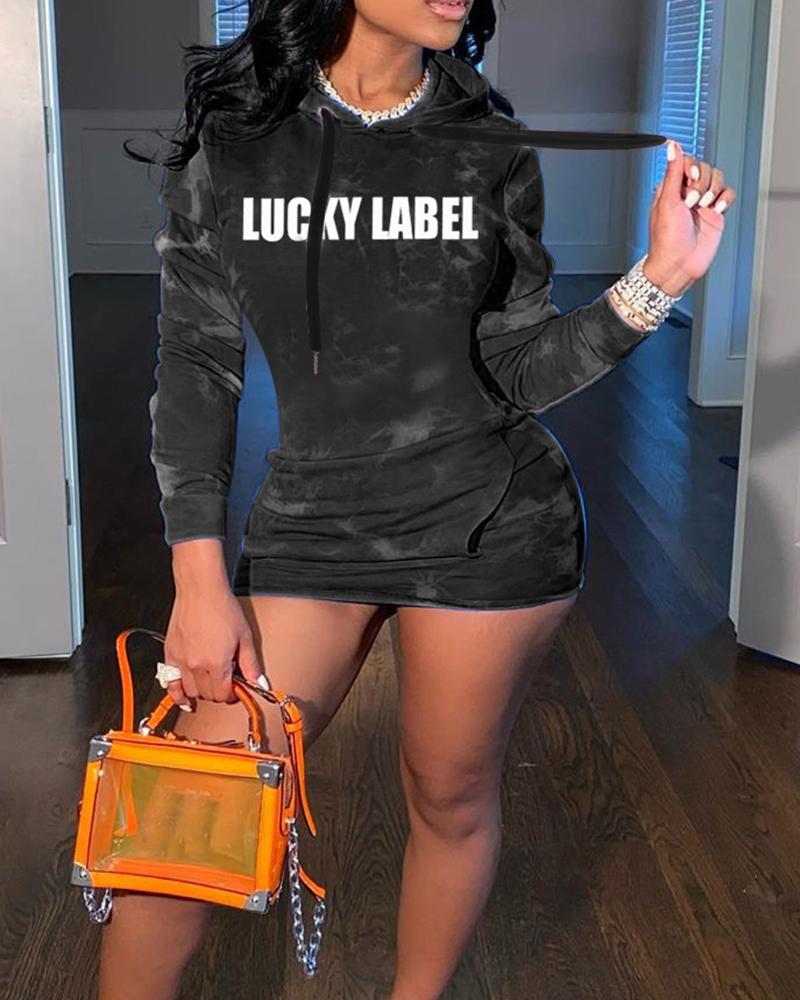 

Letter Print Long Sleeve Hoodies Sweatshirt Dress, Black