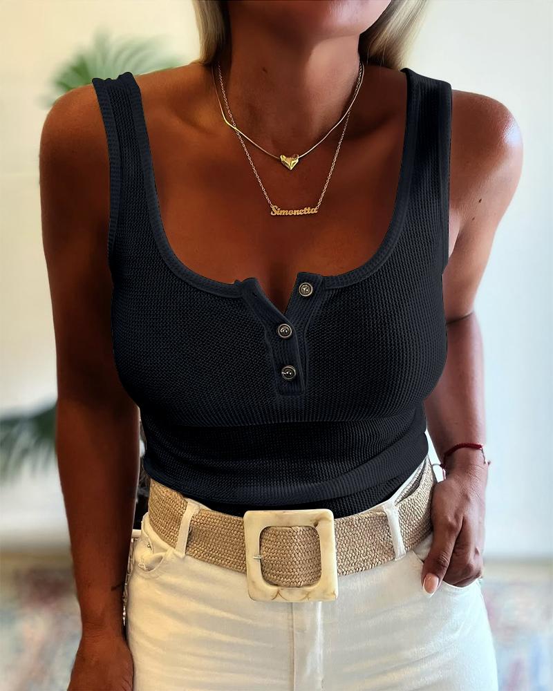 

Débardeur sans manches à col rond et demi-boutonnage sur le devant, coupe ajustée, dos nu, en maille gaufrée, Black