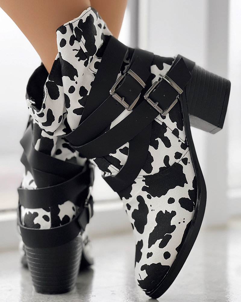 

Cow Print Buckled Cowboy Style Ruched Ankle Boots, Blackwhite