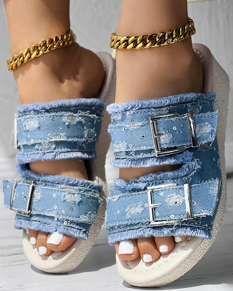 

Contrast Sequin Raw Hem Buckled Denim Wedge Shoes, Blue