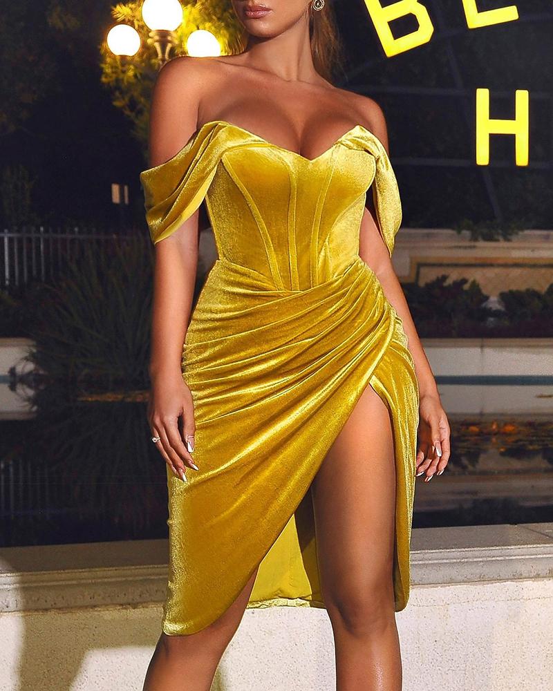

Off Shoulder Velvet High Slit Corset Party Dress, Dark yellow