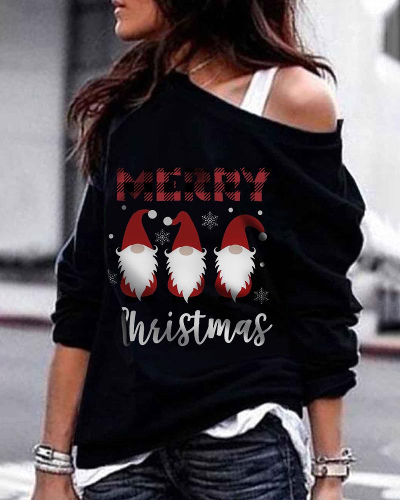 

Christmas Letter Santa Print One Shoulder Sweatshirt, Black