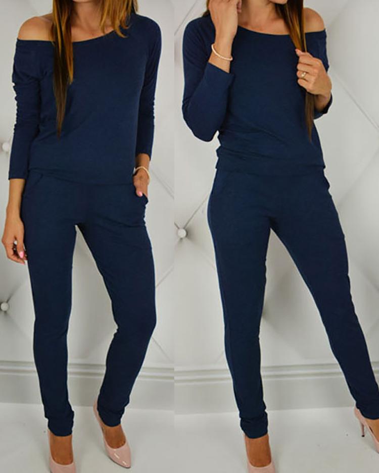 

Off Shoulder Bat-Wing Sleeve Jumpsuits, Dark blue