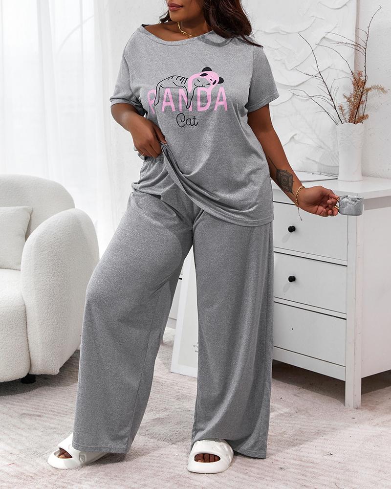 

Plus Size Cat Letter Print Wide Leg Pajamas Set, Gray