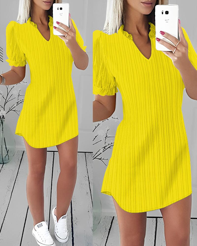 

Puff Sleeve Ruffle Hem Textured Casual Dress, Yellow