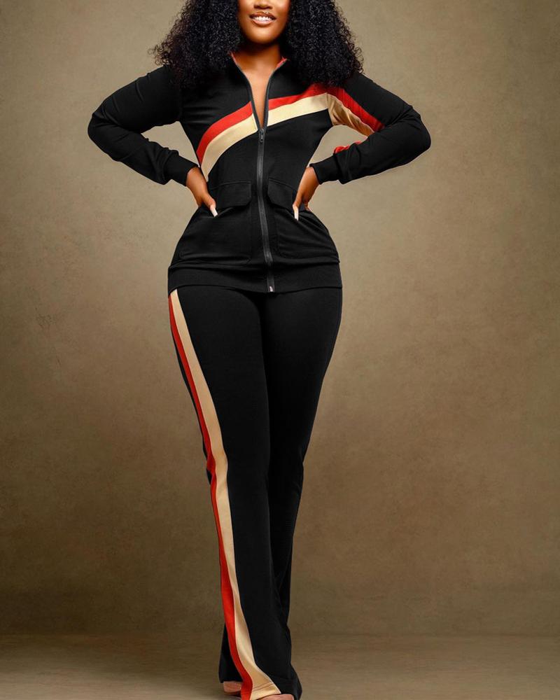 

Contrast Paneled Zip Up Top & Pants Set, Black
