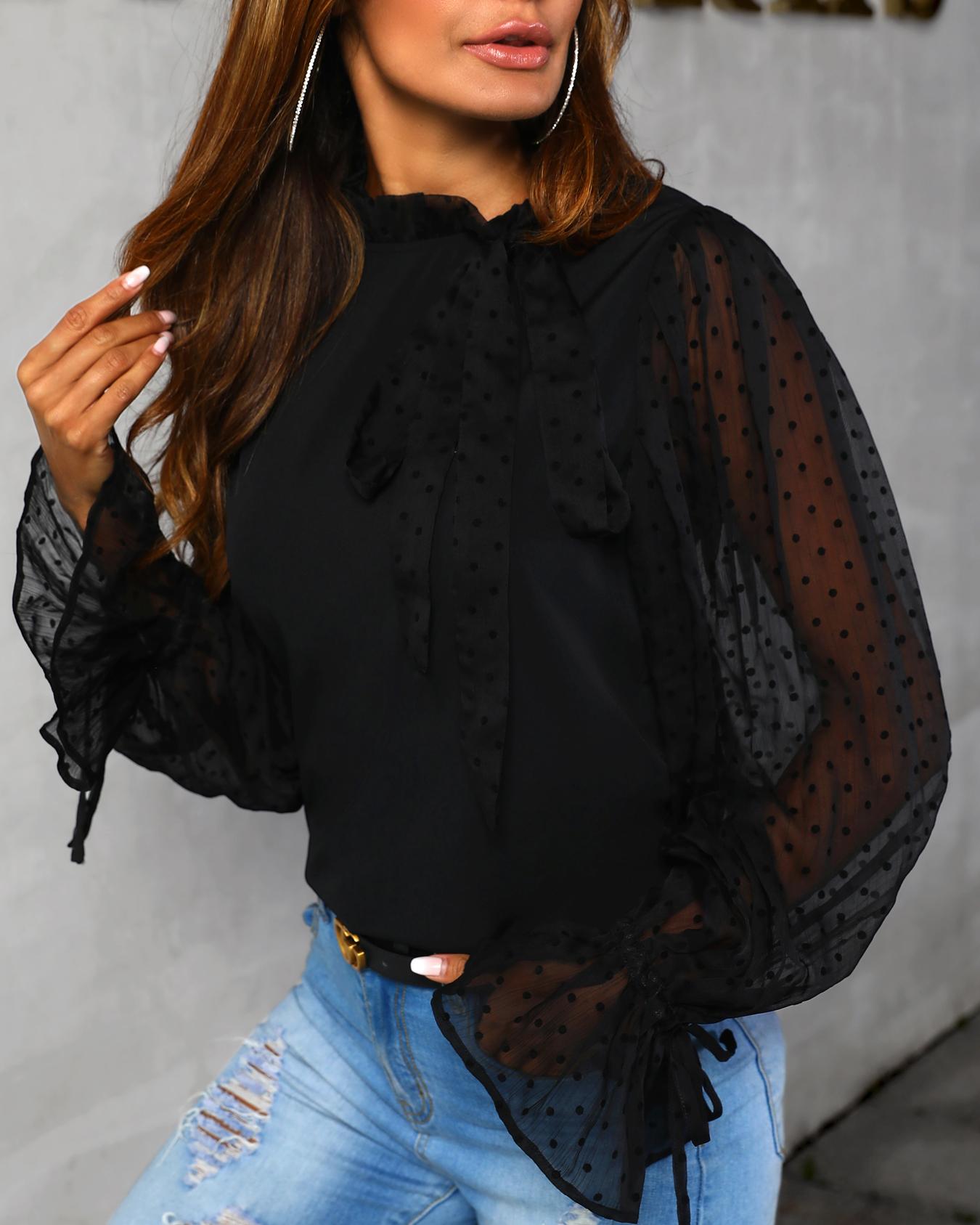 

Dot Sheer Mesh Insert Bowknot Blouse, Black