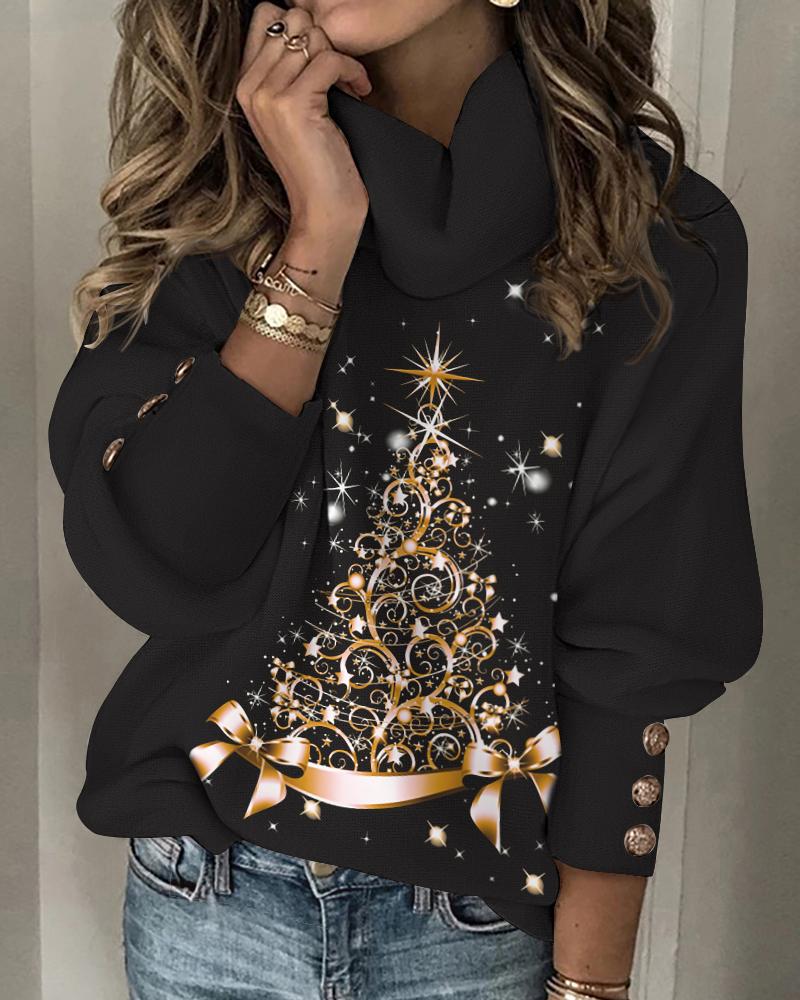 

Christmas Tree Print Lantern Sleeve Top, Black