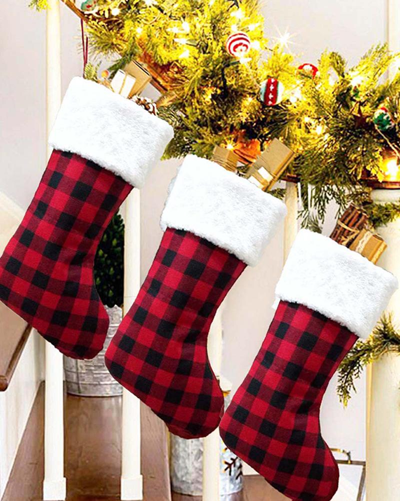 

1PCS Christmas Plaid Fluffy Socks Ornaments, Red