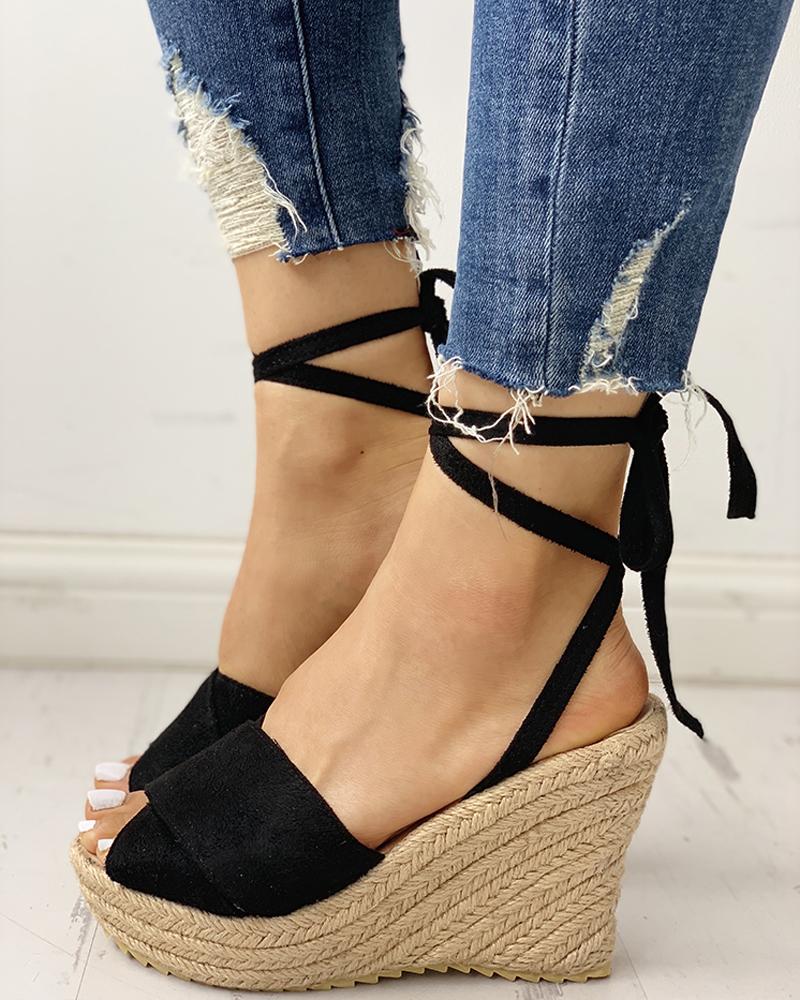 

Crisscross Ankle Tied Espadrille Platform Sandals, Black