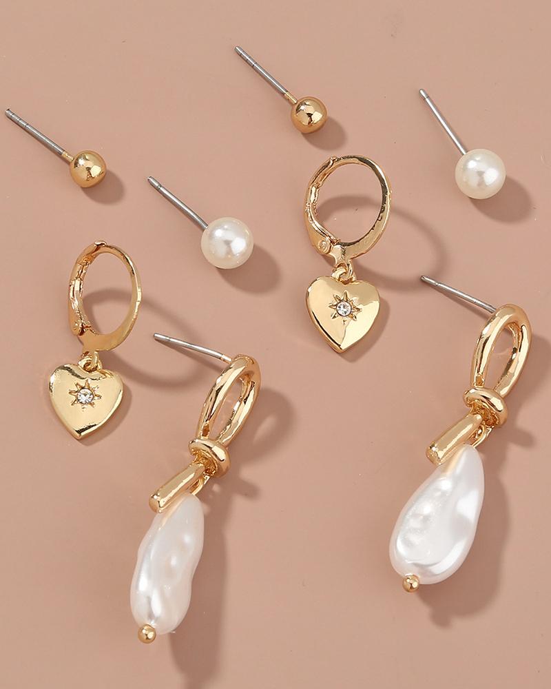 

4Pairs Heart & Faux Pearls Rhinestone Decor Earrings Set, Gold