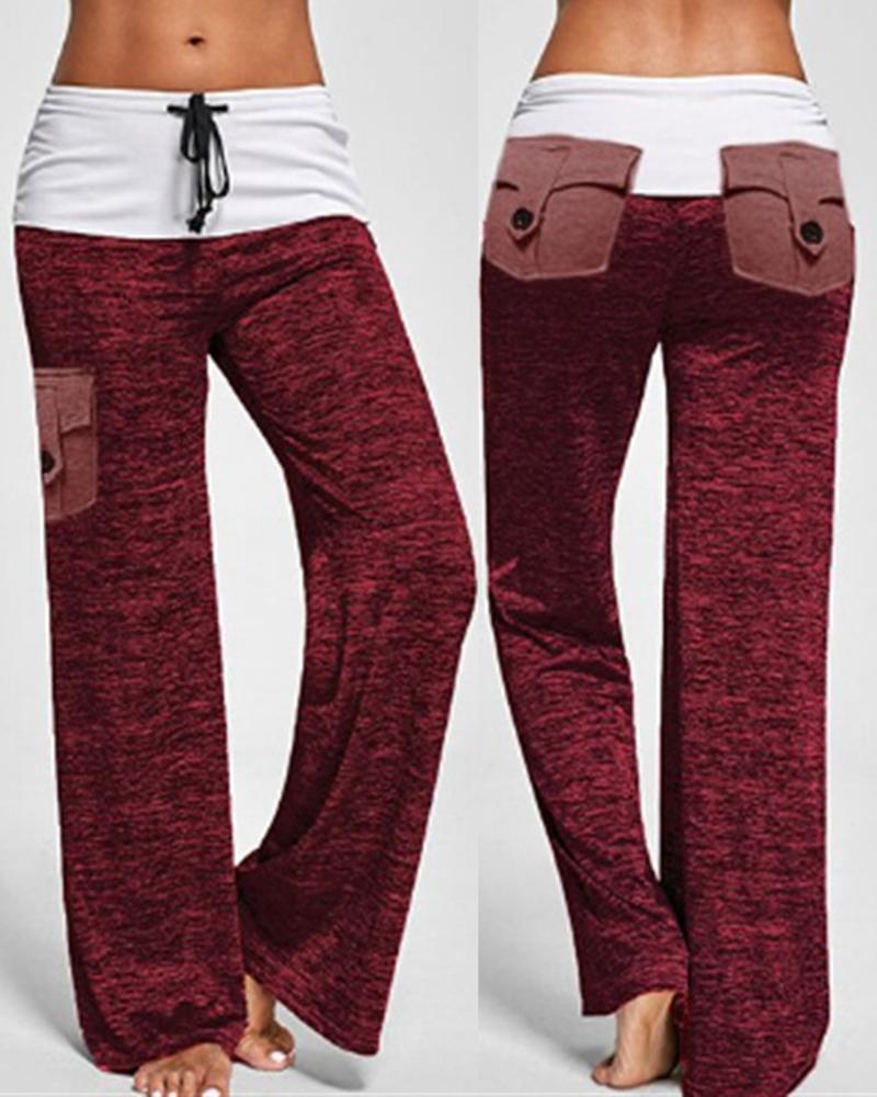 

Drawstring Colorblock Pocket Design Wide Leg Pants, Dark red