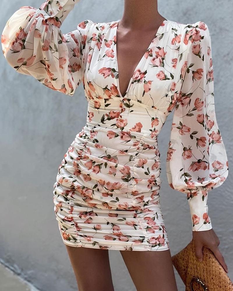 

Puff Lantern Sleeve Ruched Floral Print Dress, White