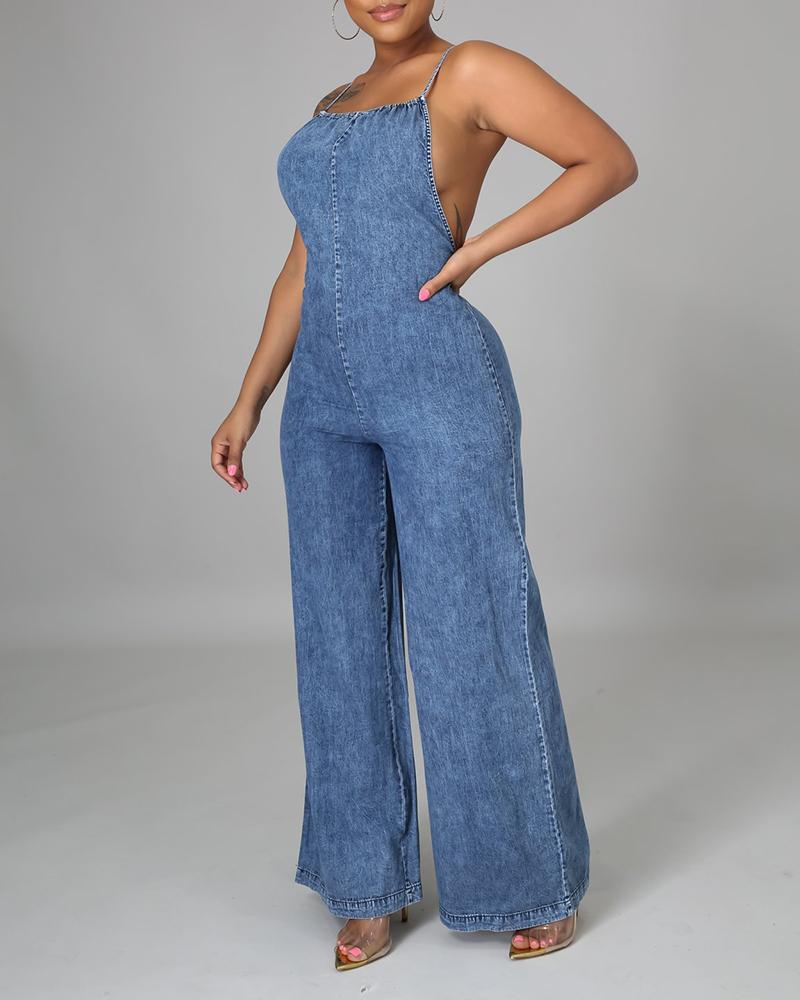 

Zipper Design Backless Wide Leg Denim Jumpsuit, Blue