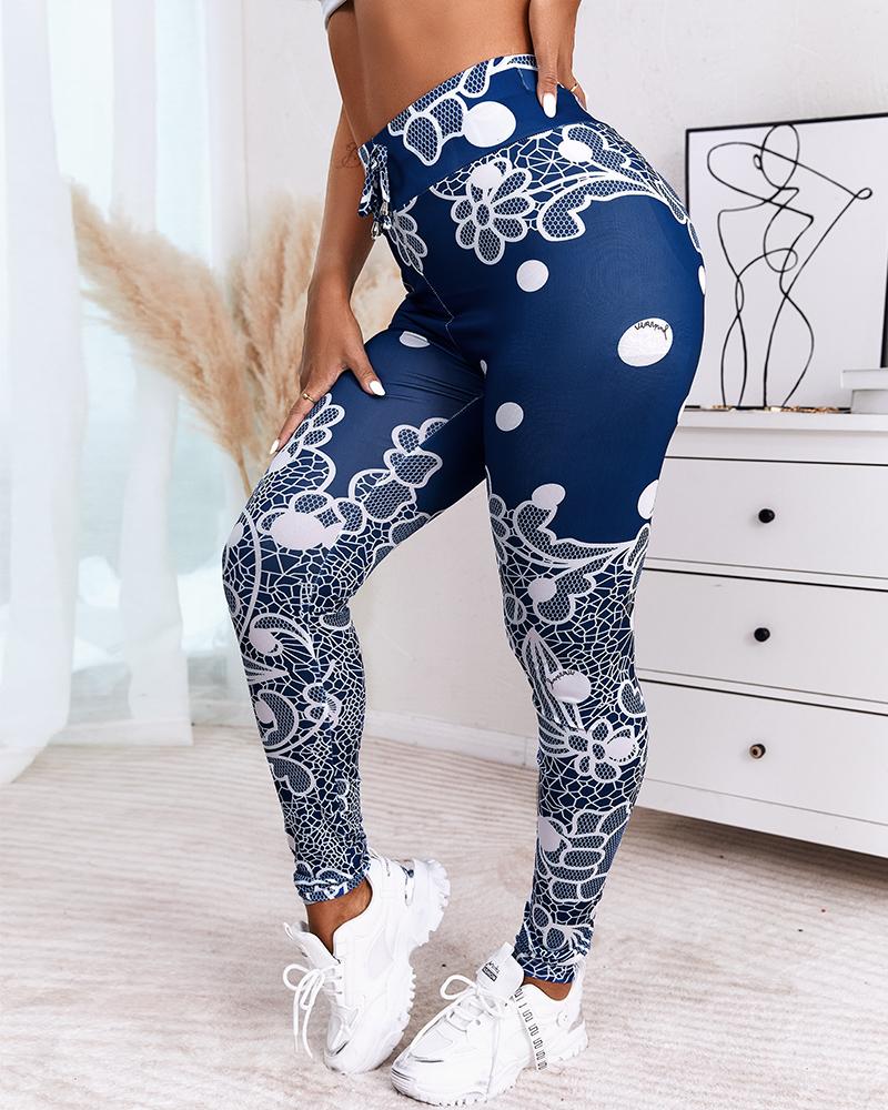 

Crochet Lace Patch Polkadot Print Leggings, Blue