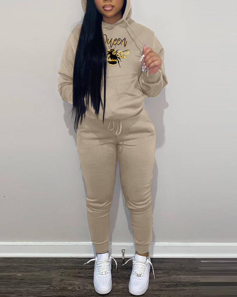 

Letter Bee Print Drawstring Hoodie & Sweatpants Set, Khaki