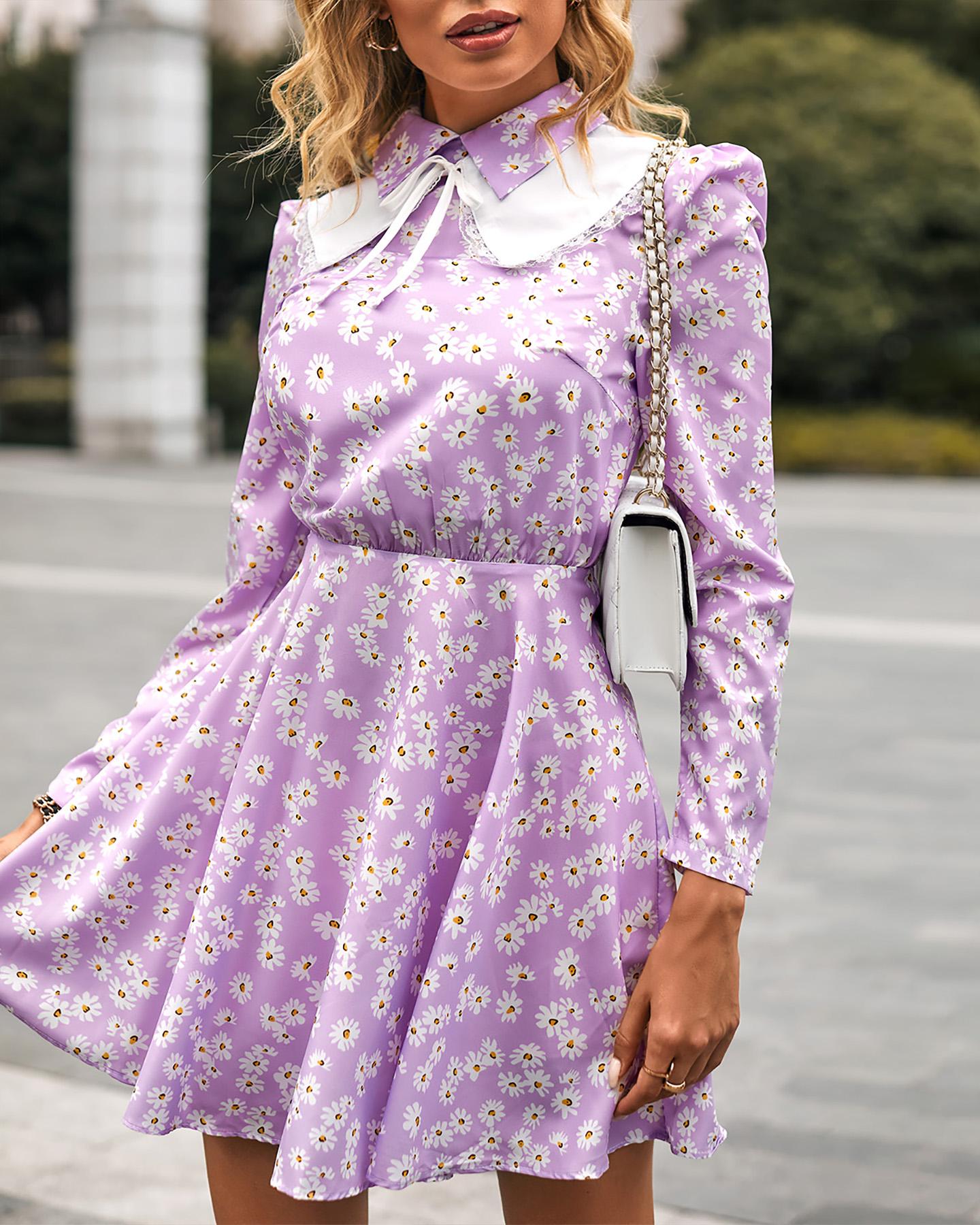 

Daisy Print Tied Detail Long Sleeve Dress, Purple