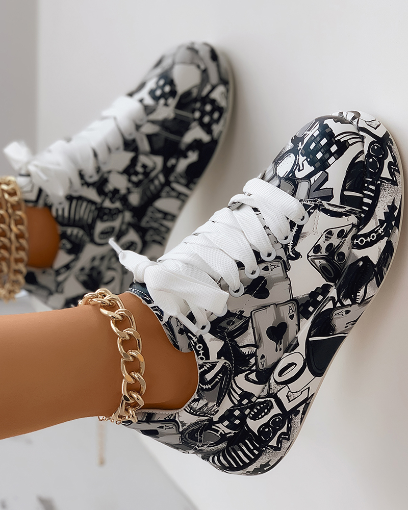 

Lace-up Front Painting Print Platform Sneakers, Gray