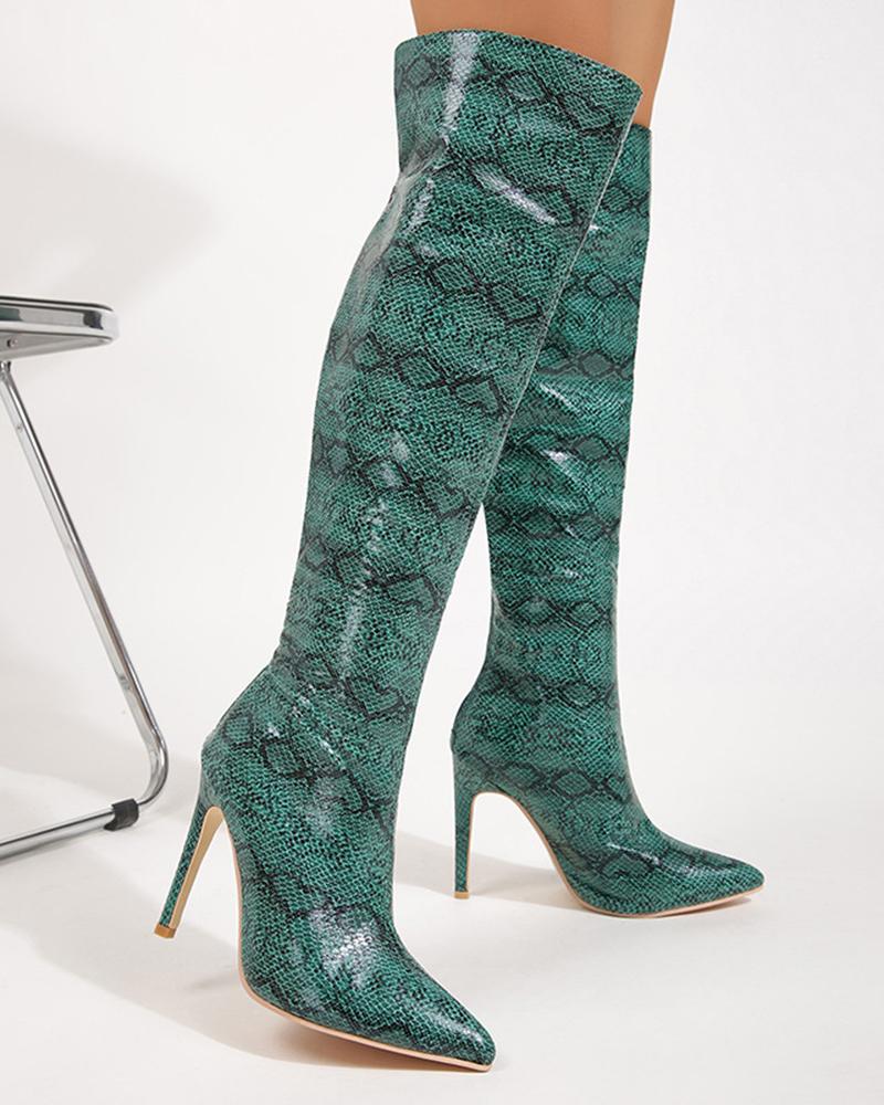 

Snakeskin Stiletto Heel Over The Knee Boots, Green