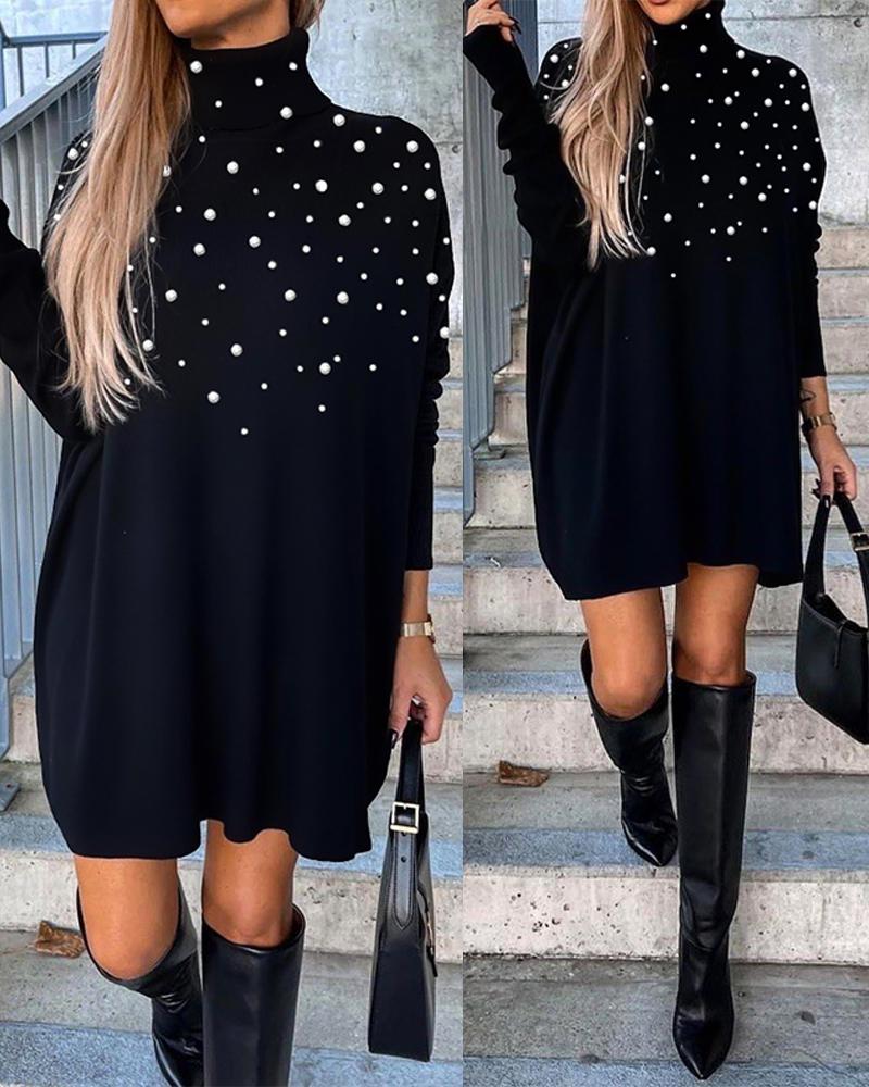 

High Neck Pearls Decor Beaded Long Sleeve Dress, Black