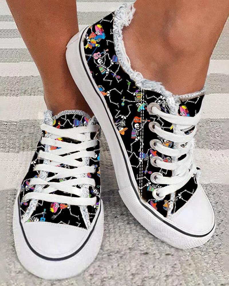 

Cinco De Mayo Skeleton Dancing Graphic Print Raw Hem Canvas Sneakers, Multicolor