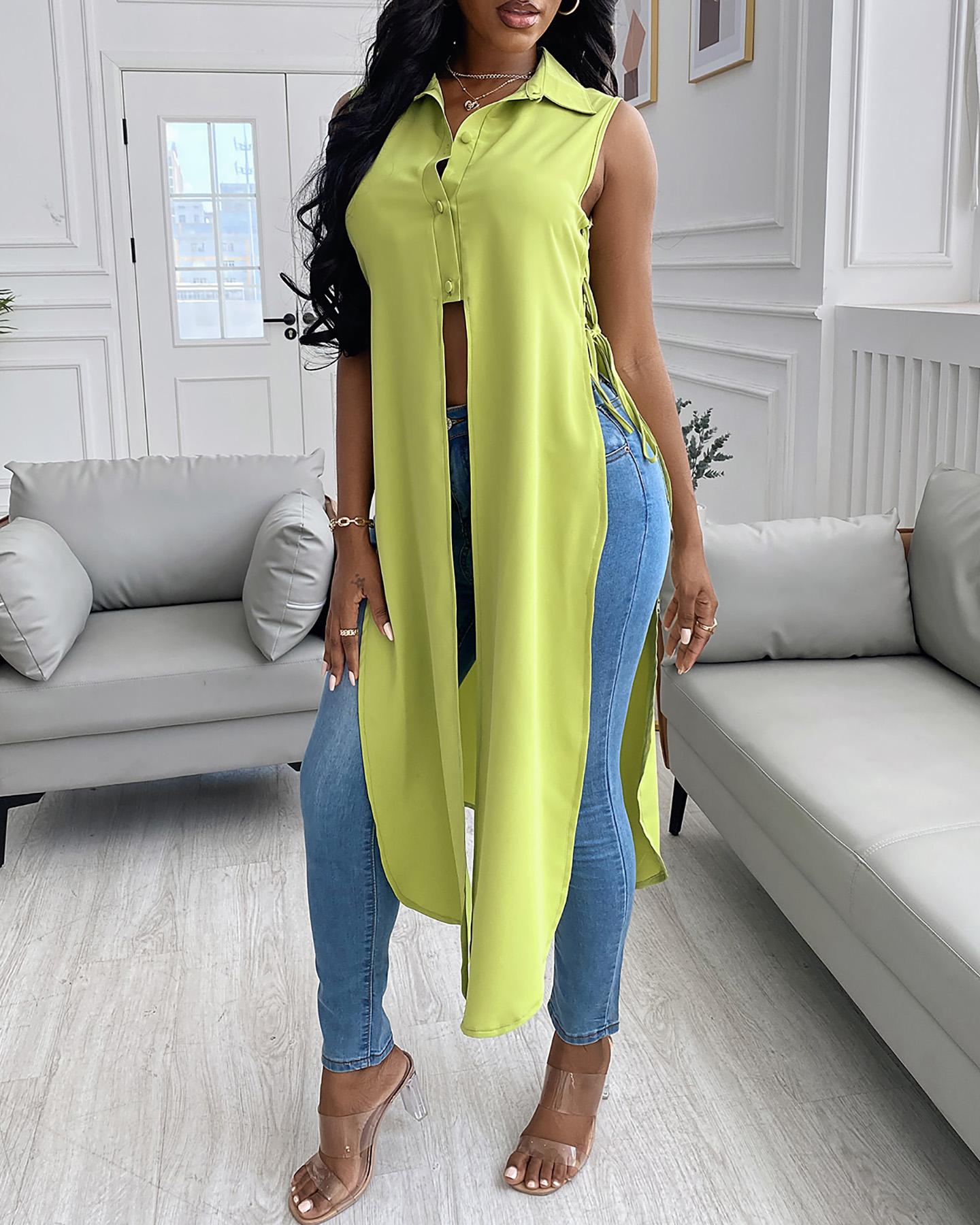 

Button Front Lace-up High Slit Top, Green