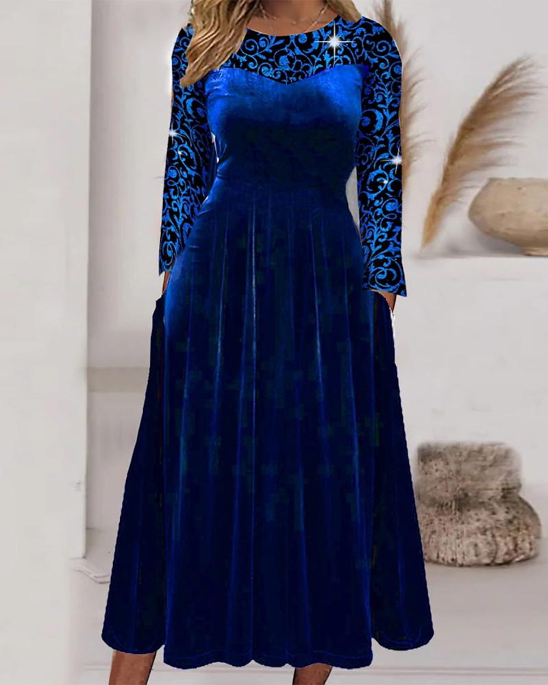 

Baroque Print Long Sleeve Velvet Casual Dress, Blue