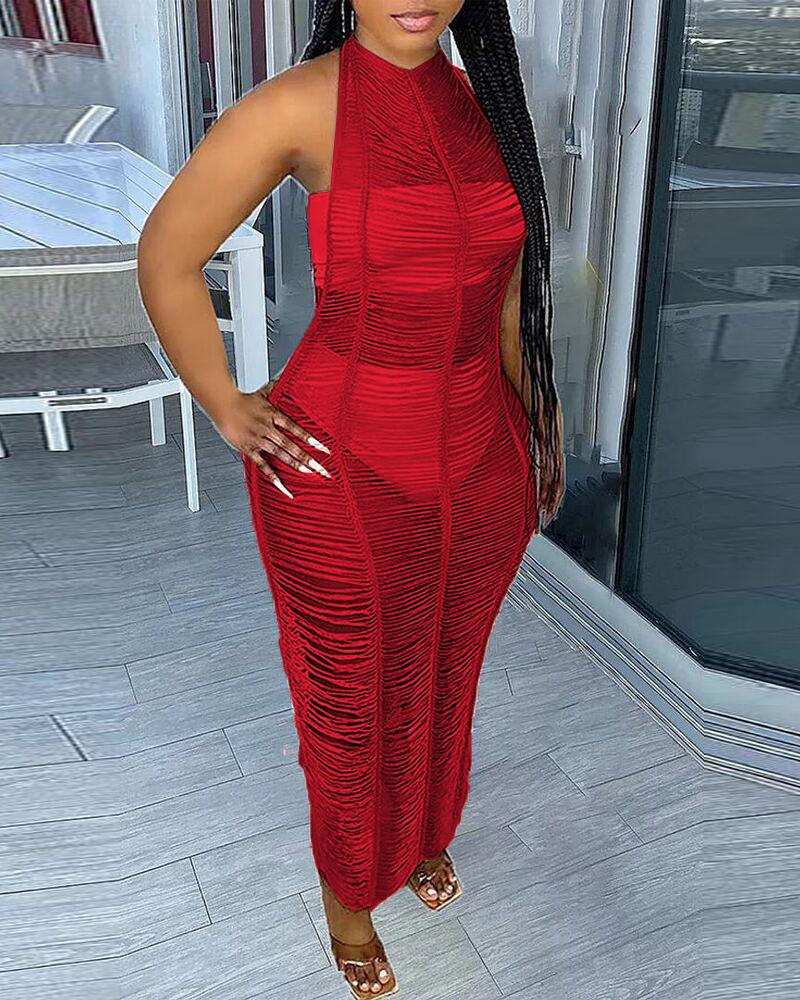 

Halter Backless Crochet Cover Up Beach Dress, Red