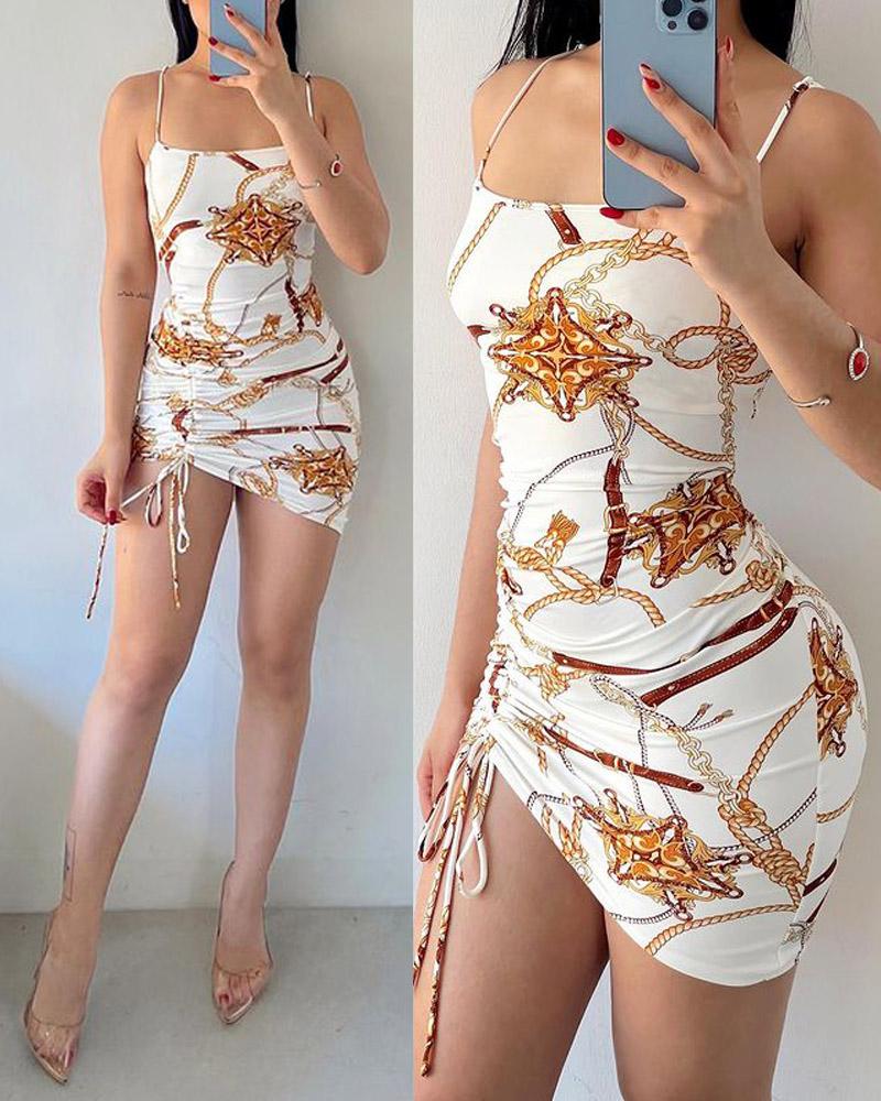 

Scarf Chain Print Drawstring Ruched Bodycon Dress, White