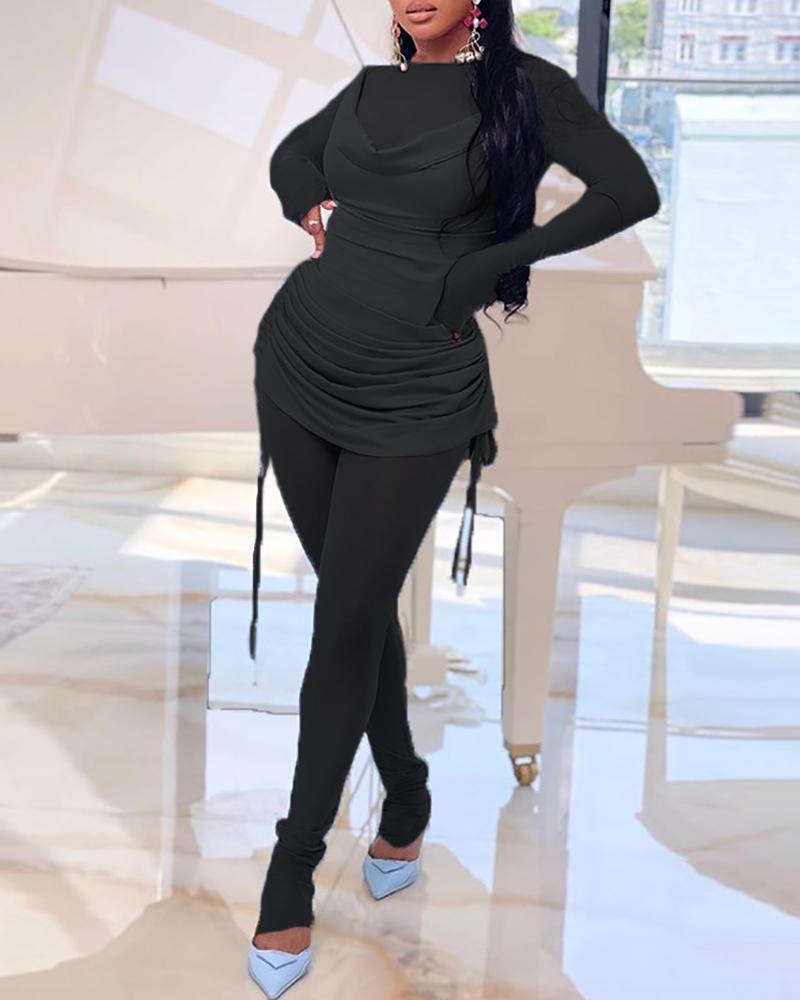 

Zipper Back Sheer Mesh Jumpsuit & Drawstring Dress Set, Black