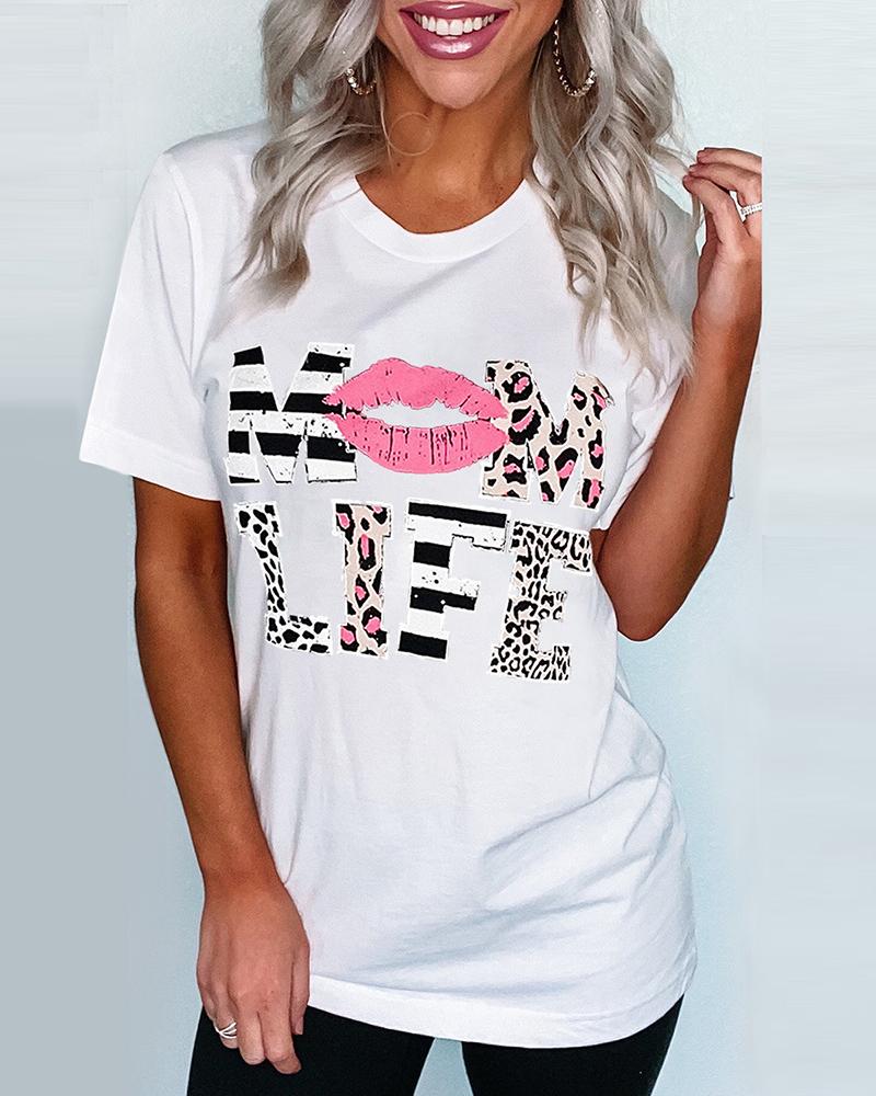 

Leopard Letter Lip Print Short Sleeve T-Shirt, White