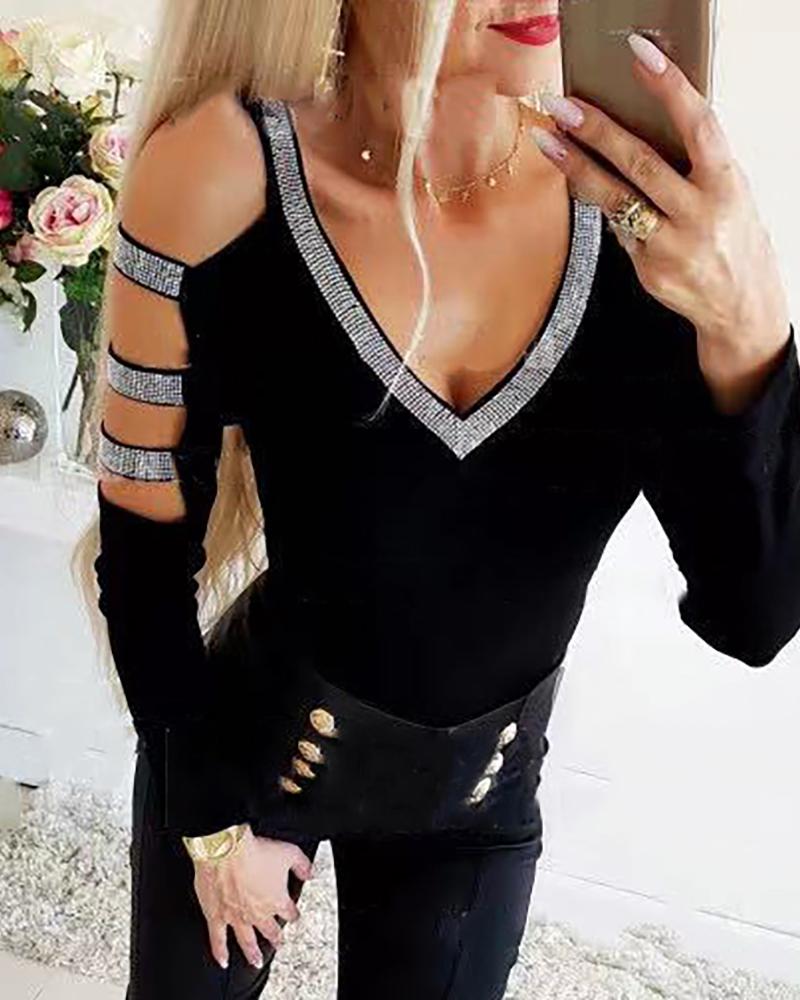 

Cold Shoulder Studded Skinny Women Blouse, Black