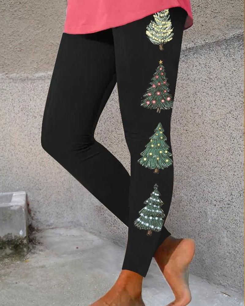 

Christmas Tree Print Leggings, Black