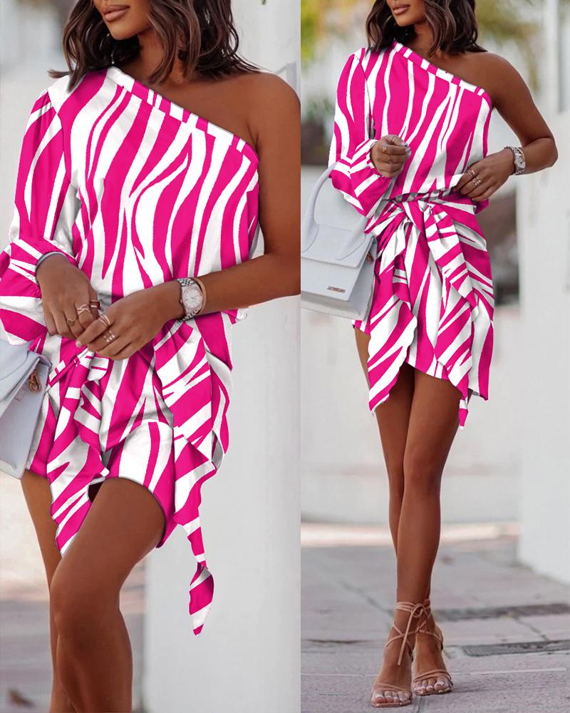 

Zebra Stripe Print One Shoulder Tied Detail Casual Dress, Rose red