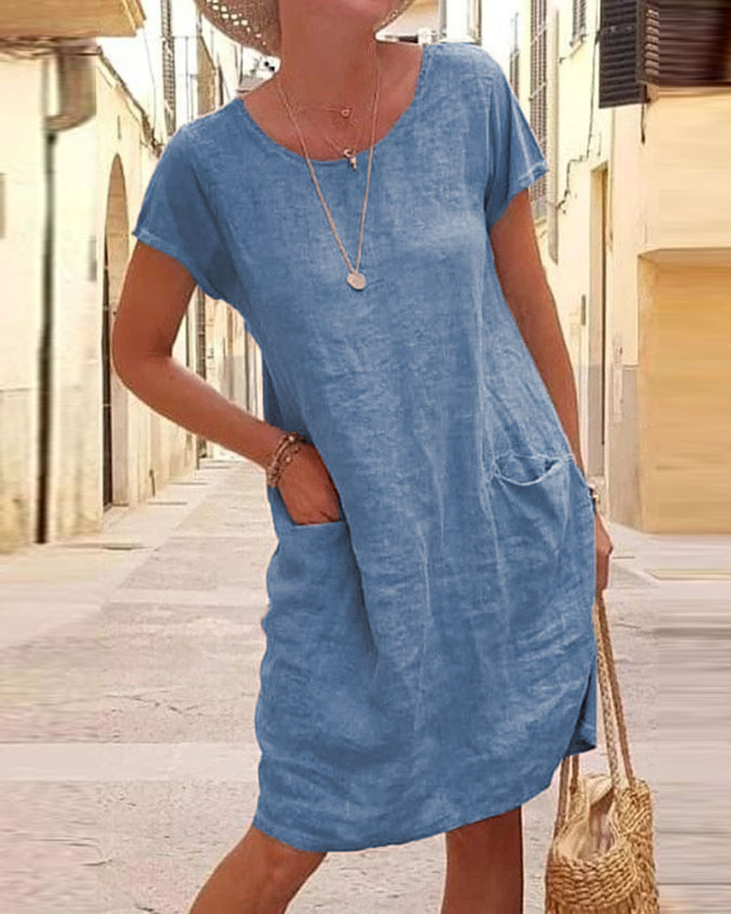 

Pocket Detail Short Sleeve Casual Dress, Blue