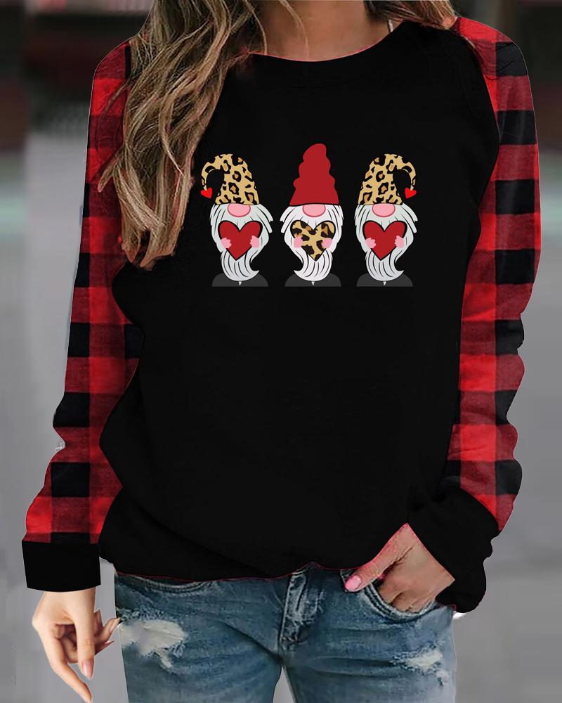 

Christmas Gnome Plaid Print Long Sleeve Top, Black