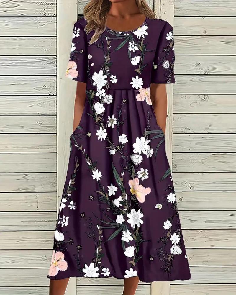 

Floral Print Round Neck Casual Dress, Purple